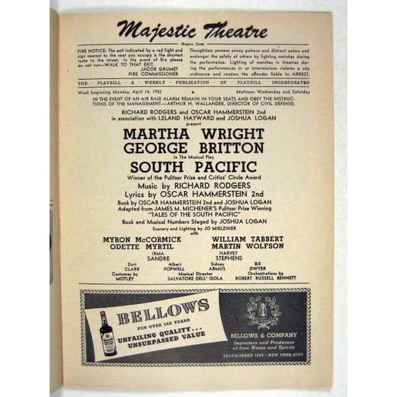 South Pacific Playbill April 1952 Martha Wright George Britton Wolfson Ticket - Picture 3 of 9